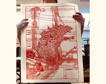 Handgemaakte GODZILLA Lino Cut Print Large - DIN A2 - Japan Movie Monster Poster Relief Kaija art retro electriciteitsmasten auto's