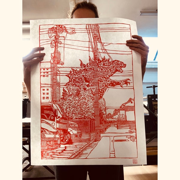 Handgemaakte GODZILLA Lino Cut Print Large - DIN A2 - Japan Movie Monster Poster Relief Kaija art retro electriciteitsmasten auto's