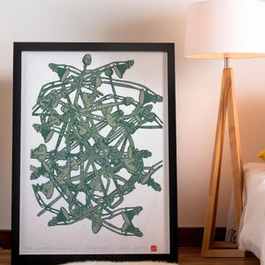 Handgemaakte veelkleurige DIN A2 lino print grote poster - SPOTLIGHT - keukenontwerp schijnwerper licht aware narcisme ego music retro
