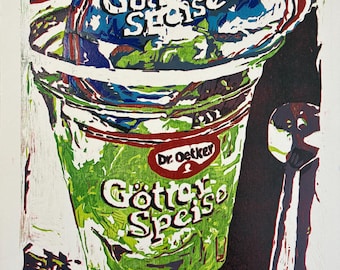 Grabado en madera multicolor original hecho a mano: DR. OETKER GOETTERSPEISE. Edición limitada de 8 ejemplares, con sabor a "Waldmeister", estilo años 70.