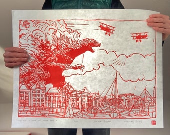 Handgemaakte DIN A2 linoleumsnede groot - GODZILLA en GRONINGEN - Japón Película Monstruo Cartel Relieve Kaija art retro vliegtuig tweedekker