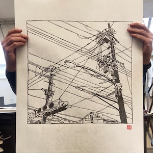 Handgemaakte DIN A2 linoleumsnede groot - Elektriciteitskabels Japan Movie Monster Poster Reliëf abstract verspreid godzilla kunst retro