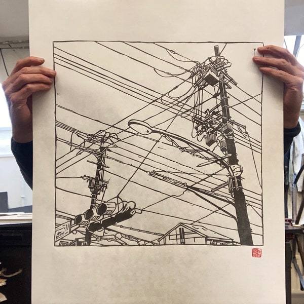Handgemaakte linosnede: Japanse hoogspanningslijnen, abstracte Godzilla-kunstposter (groot DIN A2)