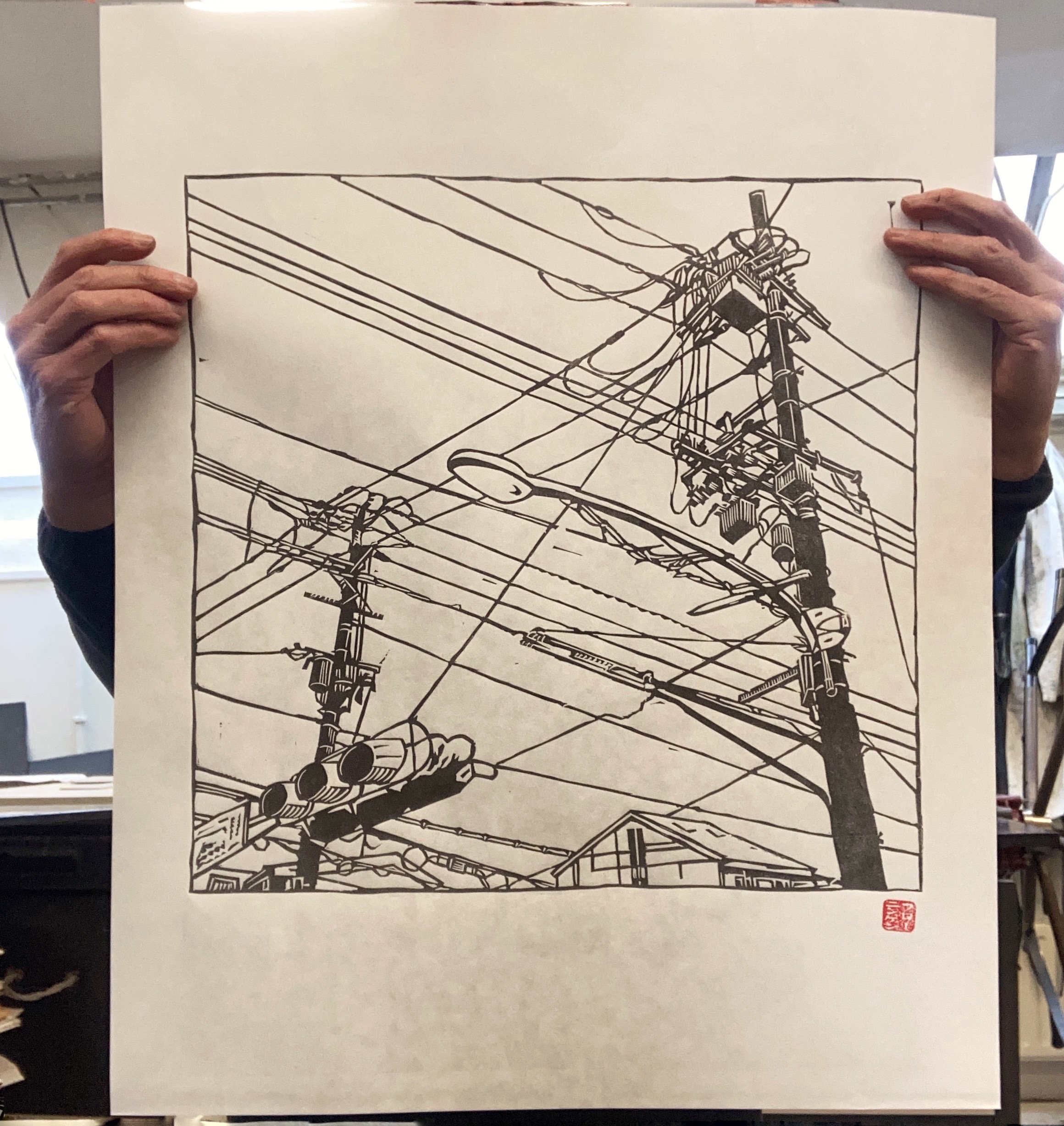 Handgemaakte DIN A2 linoleumsnede groot - Elektriciteitskabels Japan Movie Monster Poster Reliëf abstract verspreid godzilla kunst retro