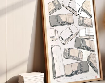 Handmade Vintage Car Linocut Print: Multicolored Art Poster (DIN A2)