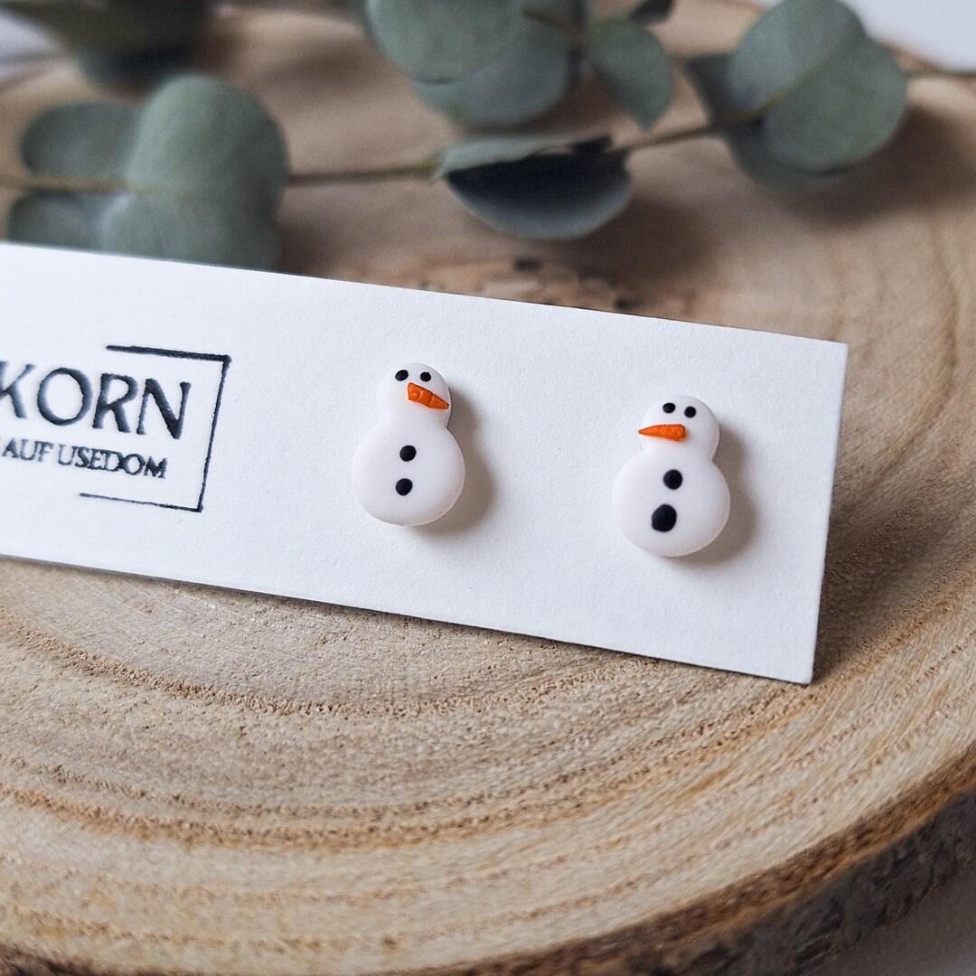 Snowman Stud Earrings, Polymer Clay, White, Mini, Small, Winter, Snow