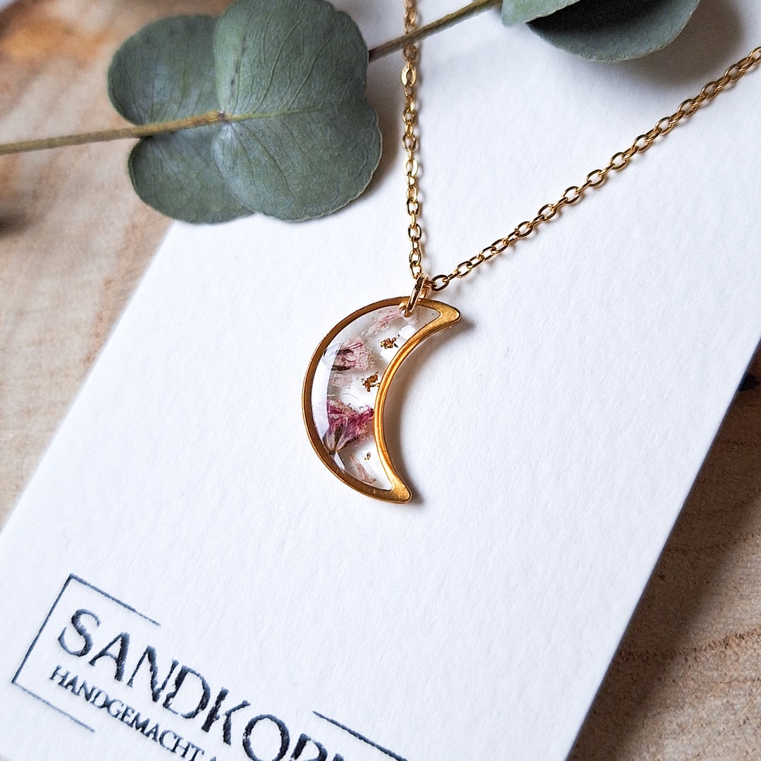 Moon With Pink Gypsophila Gypsophila Necklace Stainless Etsy