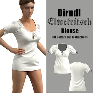May include: A white Dirndl Elwetritsch blouse with a keyhole neckline and short sleeves tied with bows. The image includes a diagram of the blouse and the text "PDF Pattern and Instructions".