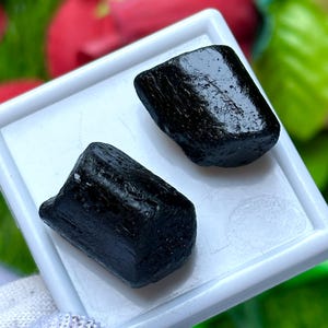 K&ouml;nnte beinhalten: Zwei polierte, schwarze Turmalinsteine liegen auf einem wei&szlig;en Tablett. Die Steine haben eine glatte, reflektierende Oberfl&auml;che und eine rechteckige Form. Der Hintergrund zeigt verschwommenes rotes und gr&uuml;nes Laub.