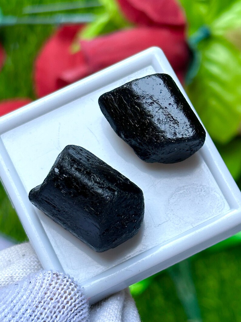 K&ouml;nnte beinhalten: Zwei polierte, schwarze Turmalinsteine liegen auf einem wei&szlig;en Tablett. Die Steine haben eine glatte, reflektierende Oberfl&auml;che und eine rechteckige Form. Der Hintergrund zeigt verschwommenes rotes und gr&uuml;nes Laub.