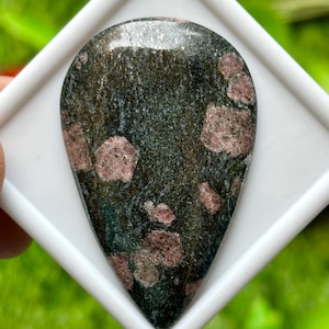 Op de afbeelding: Een traanvormige edelsteen met een donkergroene basis en verspreide roze-rode insluitsels. De gepolijste steen wordt getoond in een witte plastic display case, die de natuurlijke patronen en kleuren laat zien. Het oppervlak van de edelsteen reflecteert licht.