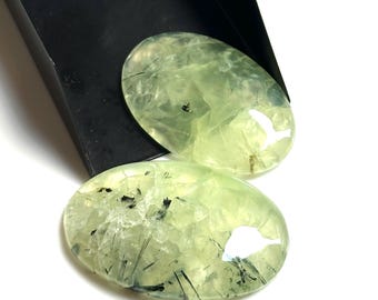 Green Prehnite Cabochons (2 Pcs): Rutilated Oval Gemstones, 40x24mm
