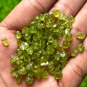 May include: A handful of small, rough-cut peridot gemstones. The peridot stones are a vibrant, translucent green color, with a slightly rough, natural texture. The gemstones are held in an open hand, with a green background.