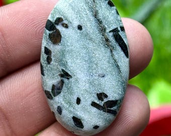 May include: An oval gemstone with a pale green base, featuring black and brown inclusions. The polished stone is held in a hand, highlighting its natural patterns. The gemstone is approximately 5 cm in length.