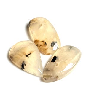 Può includere: Tre pietre preziose lucide a forma di goccia. Le pietre sono traslucide con un colore di base beige crema e intricati motivi di inclusioni marroni e nere. Le pietre sono esposte su uno sfondo bianco.