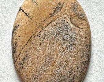 May include: A smooth, oval-shaped stone in shades of beige and tan, with dark brown and black veining patterns. The stone's surface has a textured appearance. The stone's dimensions are approximately 7 cm in length.
