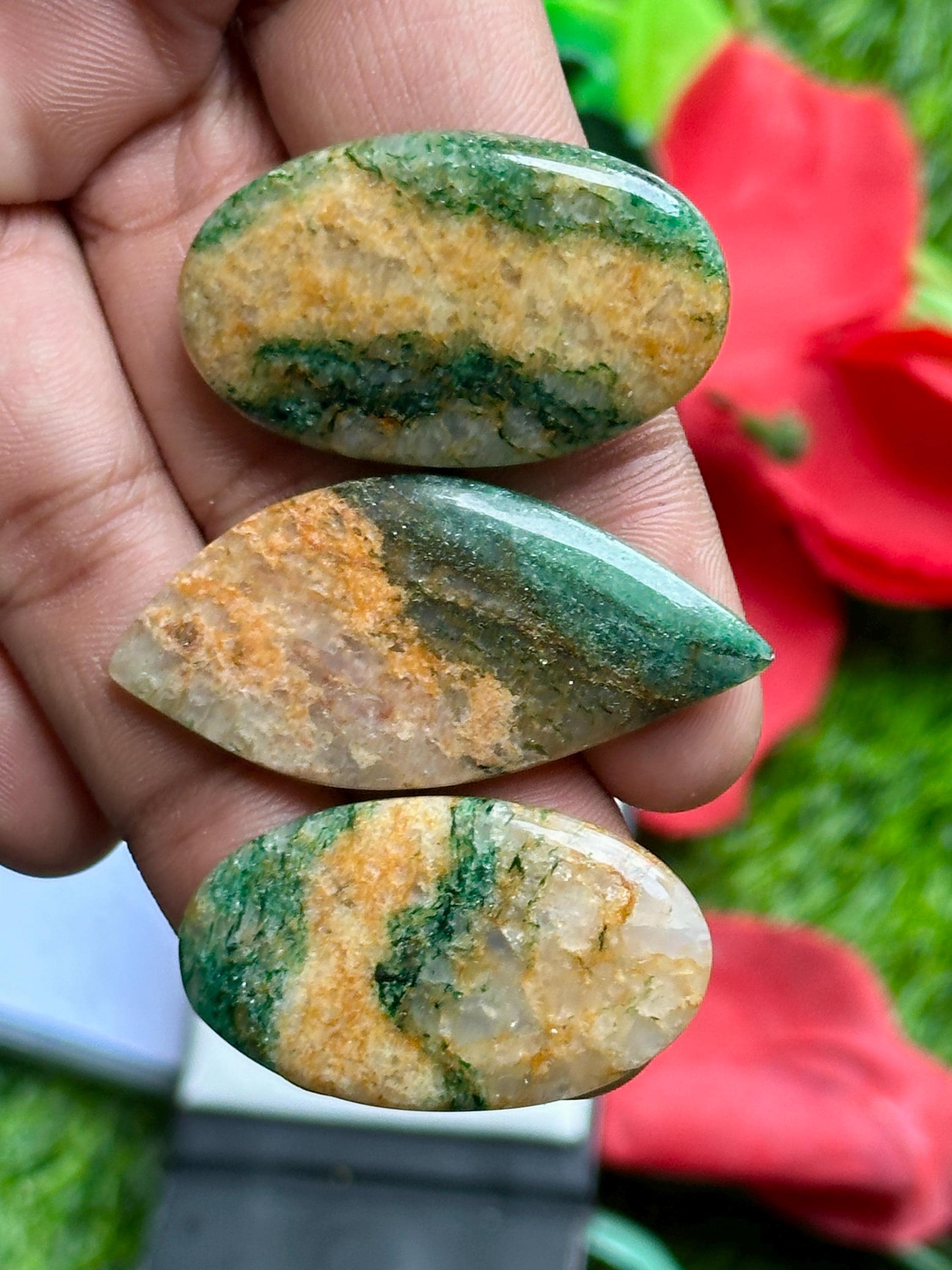 Natural Green Aventurine Cabochon Set – 3 Pcs Oval & Freeform
