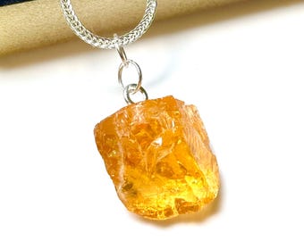 Raw Citrine Crystal Pendant: Natural Yellow Stone Necklace, 16" Steel Chain 20X21mm