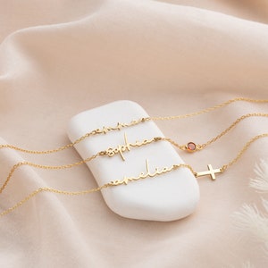 Silver Name Bracelet with Birthstone, Cross Bracelet with Handwritten Name, Dainty Christian Bracelet, Cross Charm, Baptism Bracelet image 1