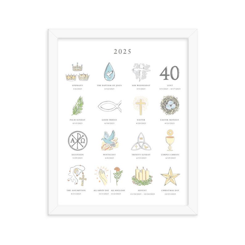 2025 English Christian Framed Calendar, Catholic Holidays Framed Wall