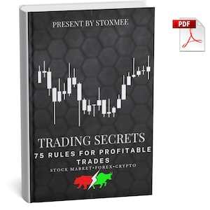 Könnte beinhalten: Ein Buch mit dem Titel "TRADING SECRETS" mit dem Text "75 RULES FOR PROFITABLE TRADES" und "STOCK MARKET FOREX CRYPTO". Das Cover ist dunkelgrau mit einem sechseckigen Muster und einer weißen Börsengrafik. Ein PDF-Symbol befindet sich in der oberen rechten Ecke.
