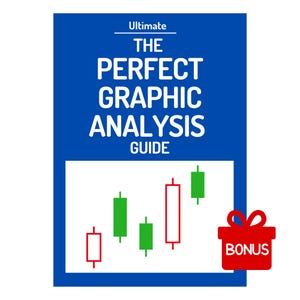Peut inclure: Une couverture de livre bleue avec le titre "THE PERFECT GRAPHIC ANALYSIS GUIDE" en texte blanc. La couverture comprend également un graphique en chandeliers et un coffret cadeau rouge avec le mot "BONUS".