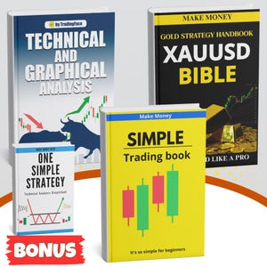Peut inclure: Plusieurs livres de trading avec des titres tels que "Technical and Graphical Analysis", "XAUUSD Bible" et "Simple Trading Book". Les livres présentent des textes et des graphiques audacieux, avec une bannière bonus en bas. Les livres sont blancs avec des couvertures colorées.