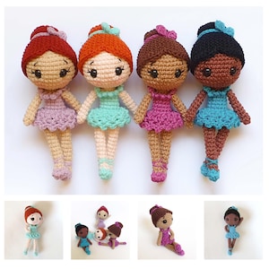 Peut inclure: Quatre poupées de ballerine au crochet faites à la main, avec différentes couleurs de peau et de cheveux. Chaque poupée porte un tutu et des chaussons de ballet. Les poupées sont dans les tons de rose, de bleu et de vert. D'autres petites poupées sont présentées en dessous.