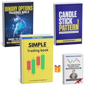 Puede incluir: Cuatro libros sobre trading, incluyendo "Binary Options Trading Bible" y "Candlestick Pattern". Los libros tienen cubiertas coloridas con texto y gráficos. También hay una pequeña caja de regalo con una cinta roja.