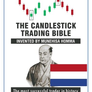 May include: A book cover titled "The Candlestick Trading Bible" with a blue border. The cover features a candlestick chart, the text "Invented by Munehisa Homma", a portrait of a man, and the text "The most successful trader in history". A flag is also present.