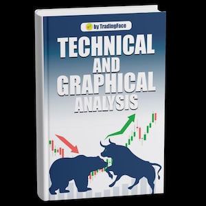 Puede incluir: Un libro titulado "TECHNICAL AND GRAPHICAL ANALYSIS" con una cubierta azul y blanca. La portada presenta un gráfico de toro y oso, junto con una flecha verde que apunta hacia arriba y una flecha roja que apunta hacia abajo. También está presente el texto "by TradingFace".