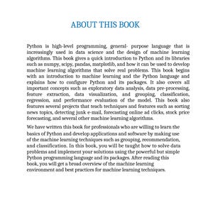 Puede incluir: Portada de libro con el t&iacute;tulo "ABOUT THIS BOOK" en azul. El contenido del libro trata sobre programaci&oacute;n Python, aprendizaje autom&aacute;tico y temas relacionados. El texto es negro sobre fondo blanco.