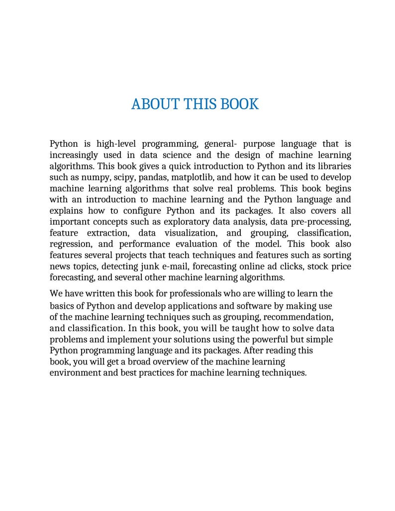 Puede incluir: Portada de libro con el t&iacute;tulo "ABOUT THIS BOOK" en azul. El contenido del libro trata sobre programaci&oacute;n Python, aprendizaje autom&aacute;tico y temas relacionados. El texto es negro sobre fondo blanco.