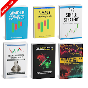 May include: A collection of six books on trading and technical analysis. The covers feature titles like "Simple Candlestick Patterns" and "One Simple Strategy." The books use a color palette of blue, yellow, white, and black, with illustrations of candlestick charts.