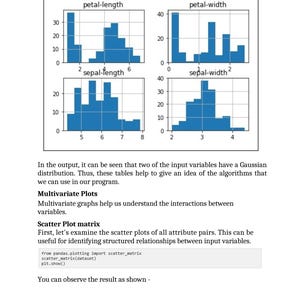 Puede incluir: Un diagrama de an&aacute;lisis de datos con cuatro histogramas azules etiquetados como 'petal-length', 'petal-width', 'sepal-length' y 'sepal-width'. El texto explica el uso de diagramas de dispersi&oacute;n para identificar relaciones.