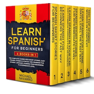 Könnte beinhalten: Ein Schuber mit sechs Büchern zum Spanischlernen, betitelt "Learn Spanish for Beginners". Die Box ist rot und gelb mit dem spanischen Flaggenemblem. Die Buchrücken sind gelb mit schwarzem Text, darunter "Spanish Short Stories".