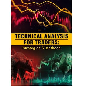 May include: A book cover with the title "TECHNICAL ANALYSIS FOR TRADERS: Strategies & Methods" in bold, yellow text. The image features a red bear and a green bull facing each other, with stock market graphs in the background. The top portion has yellow lines.