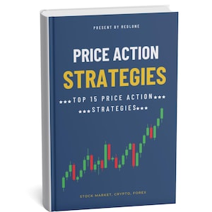 May include: A hardcover book titled "Price Action Strategies" with a navy blue cover. The title is in white and yellow, with the subtitle "Top 15 Price Action Strategies" in white. A stock chart graphic is at the bottom. The book is for the stock market, crypto, and forex.