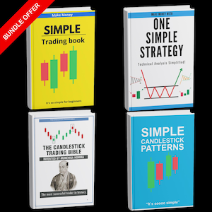 May include: A bundle of four books on trading, with titles including "Simple Trading Book" and "One Simple Strategy." The books feature colorful covers with text and graphics related to financial analysis and candlestick patterns. A "Bundle Offer" banner is visible.