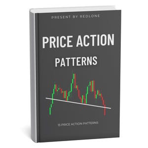 Op de afbeelding: Een hardcover boek met de titel "PRICE ACTION PATTERNS" in witte letters op een donkergrijze omslag. De omslag toont een grafiek met groene en rode lijnen. De tekst "PRESENT BY REDLONE" staat bovenaan en "15 PRICE ACTION PATTERNS" onderaan.