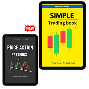 Peut inclure: Deux tablettes noires affichant des informations sur le trading financier. L'une affiche "PRICE ACTION PATTERNS" avec un graphique, l'autre "SIMPLE Trading book" avec des graphiques en chandeliers. Un autocollant rouge "NEW" est dans le coin.