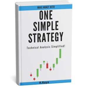 Peut inclure: Livre à couverture rigide blanche avec le titre "Make Money With One Simple Strategy" en gros caractères noirs. La couverture comporte une bande bleue et un graphique en chandeliers vert et rouge.