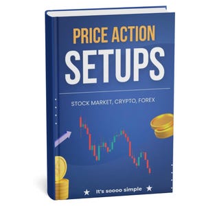 May include: A blue hardcover book titled PRICE ACTION SETUPS with the subtitle STOCK MARKET, CRYPTO, FOREX. The cover features a red and green candlestick chart, a purple upward arrow, stacks of gold coins, and the text It's soooo simple.