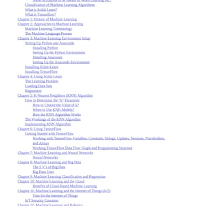 Puede incluir: Un &iacute;ndice de un libro o gu&iacute;a sobre aprendizaje autom&aacute;tico. El texto incluye temas como algoritmos de aprendizaje autom&aacute;tico, TensorFlow, redes neuronales e Internet de las cosas.