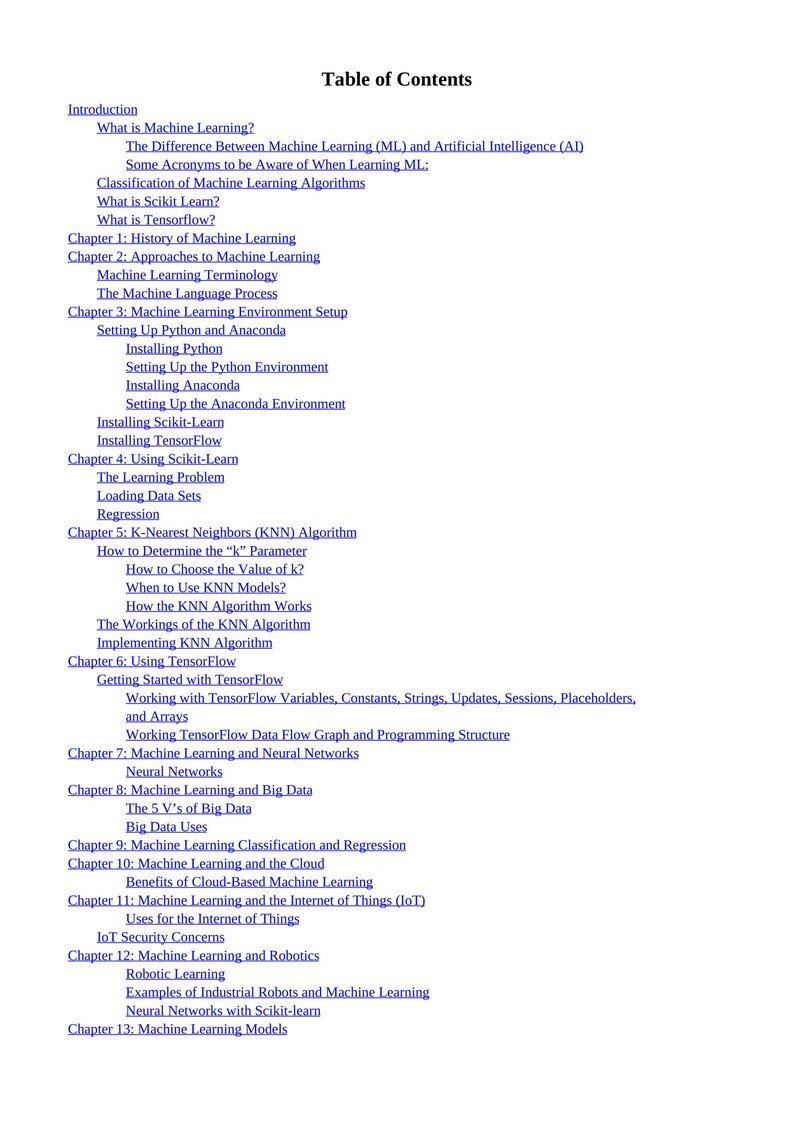 Puede incluir: Un &iacute;ndice de un libro o gu&iacute;a sobre aprendizaje autom&aacute;tico. El texto incluye temas como algoritmos de aprendizaje autom&aacute;tico, TensorFlow, redes neuronales e Internet de las cosas.