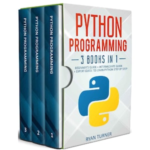 Könnte beinhalten: Ein Box-Set mit drei Python-Programmierbüchern. Das Cover zeigt den Titel "PYTHON PROGRAMMING" in Rot, mit einem blauen und gelben Schlangenlogo. Das Set enthält Anfänger-, Fortgeschrittenen- und Experten-Leitfäden.