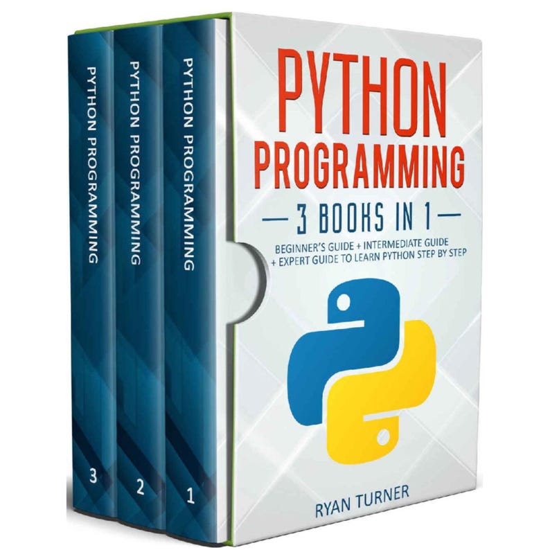 K&ouml;nnte beinhalten: Ein Box-Set mit drei Python-Programmierb&uuml;chern. Das Cover zeigt den Titel "PYTHON PROGRAMMING" in Rot, mit einem blauen und gelben Schlangenlogo. Das Set enth&auml;lt Anf&auml;nger-, Fortgeschrittenen- und Experten-Leitf&auml;den.