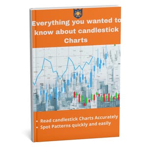 以下が含まれることがあります： 「Everything you wanted to know about candlestick Charts」というタイトルのオレンジ色の表紙の本。表紙には、都市の上に青と白の株式チャートが表示されています。チャートの読み方とパターンを見つけるのに役立つことを約束します。