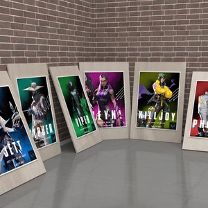 May include: Six framed posters featuring characters from the video game Valorant. Each poster features a different character with their name and a tagline. The characters are Jett, Cypher, Viper, Reyna, Killjoy, and Phoenix.