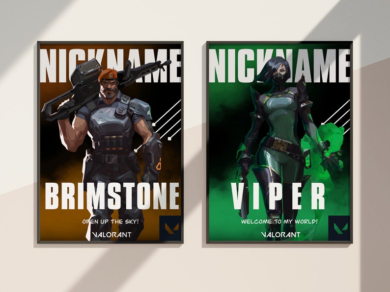 May include: Two Valorant character posters, one featuring Brimstone with the text "NICKNAME" and "OPEN UP THE SKY! VALORANT", and the other featuring Viper with the text "NICKNAME" and "WELCOME TO MY WORLD! VALORANT".
